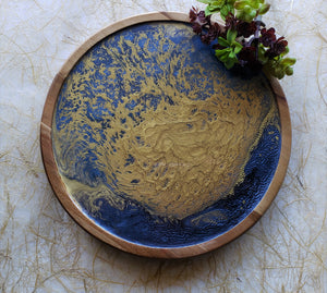 Wood Lazy Susan Serving Tray Blue Gold