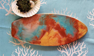 Marigot Art Wood Surfboard Small Serving Tray Cutting Board Orange Blue Yellow
